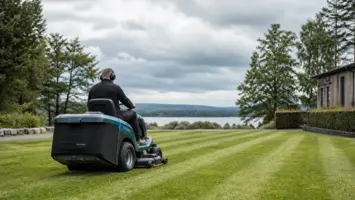 Havetraktor klipper parallelle baner på en stor græsplæne