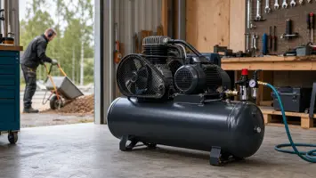 Remdrevet kompressor med tank og motorværn på et værksted