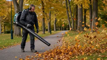 Parkmedarbejder samler efterårsblade med en rygbåren løvblæser