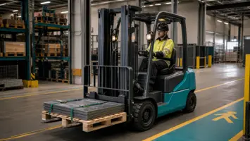 Gaffeltruck transporterer en lav, sikret palle på et lager
