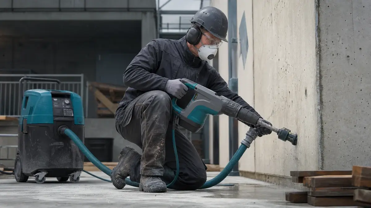Håndværker borer i beton med borehammer og støvudsugning