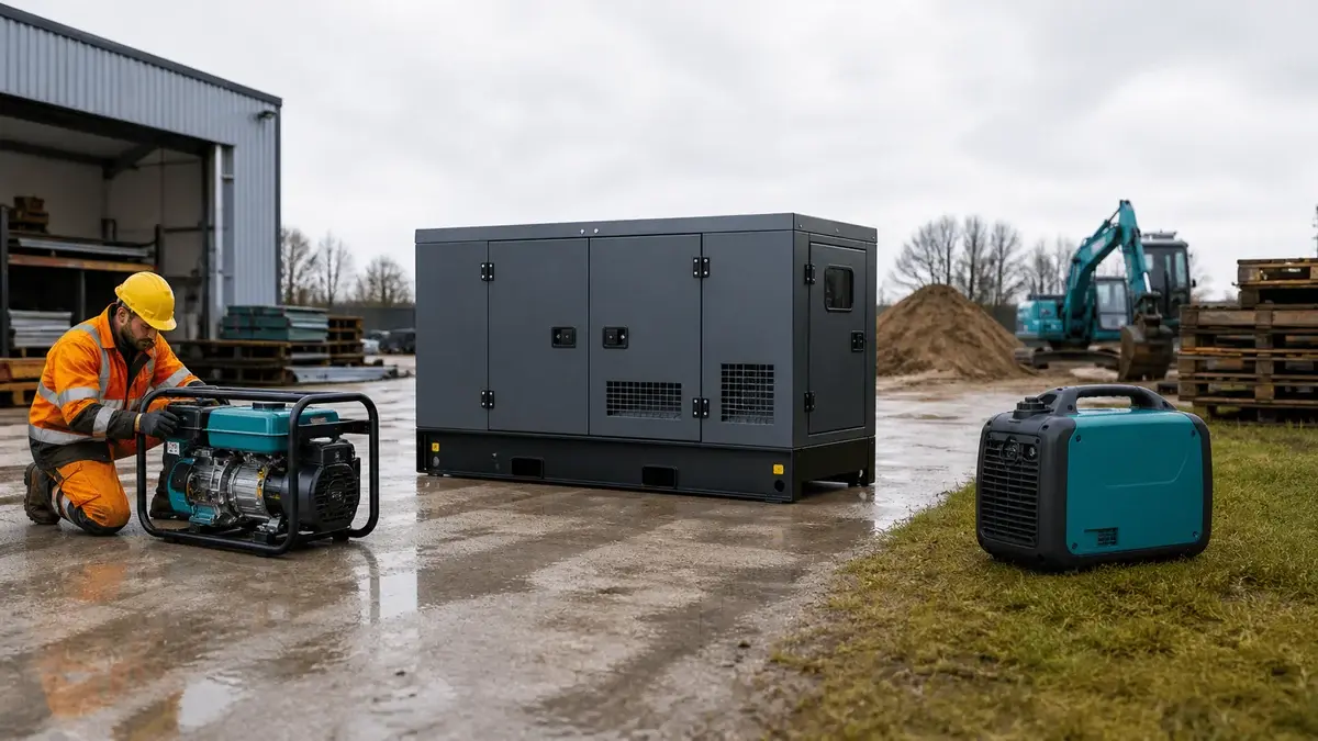 Åben, lukket og kompakt generator opstillet på en maskinplads