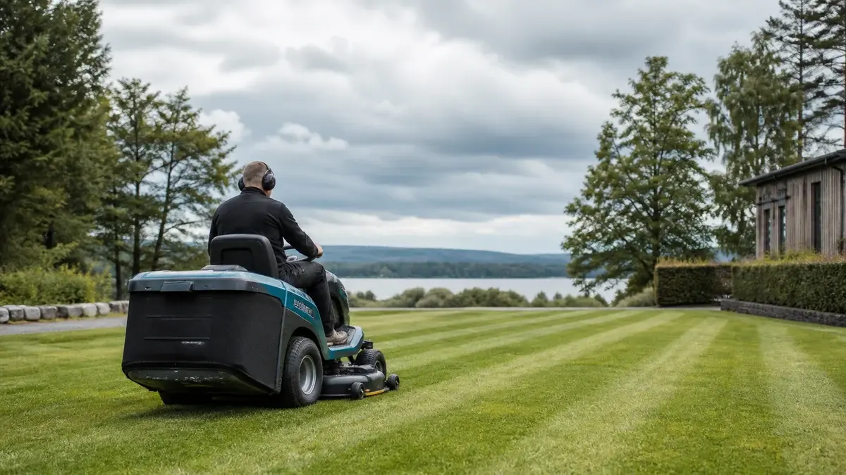 Havetraktor klipper parallelle baner på en stor græsplæne
