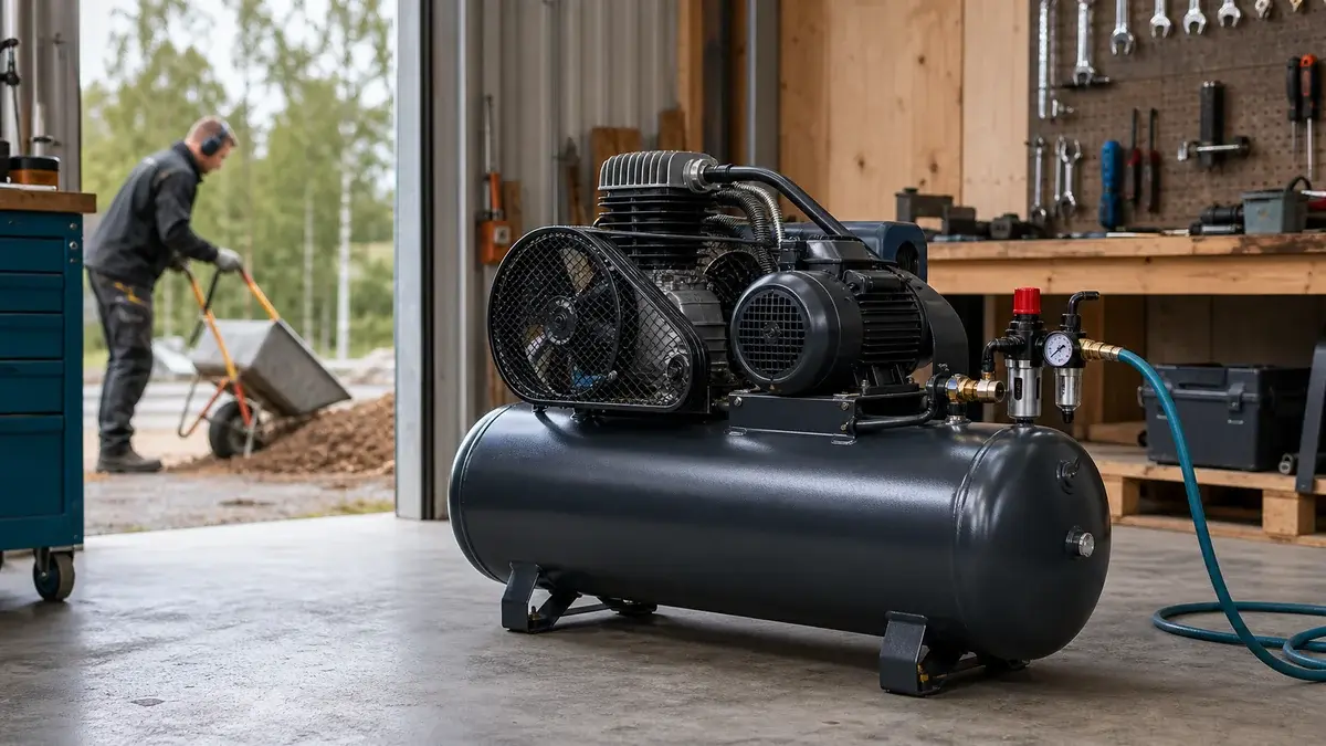Remdrevet kompressor med tank og motorværn på et værksted