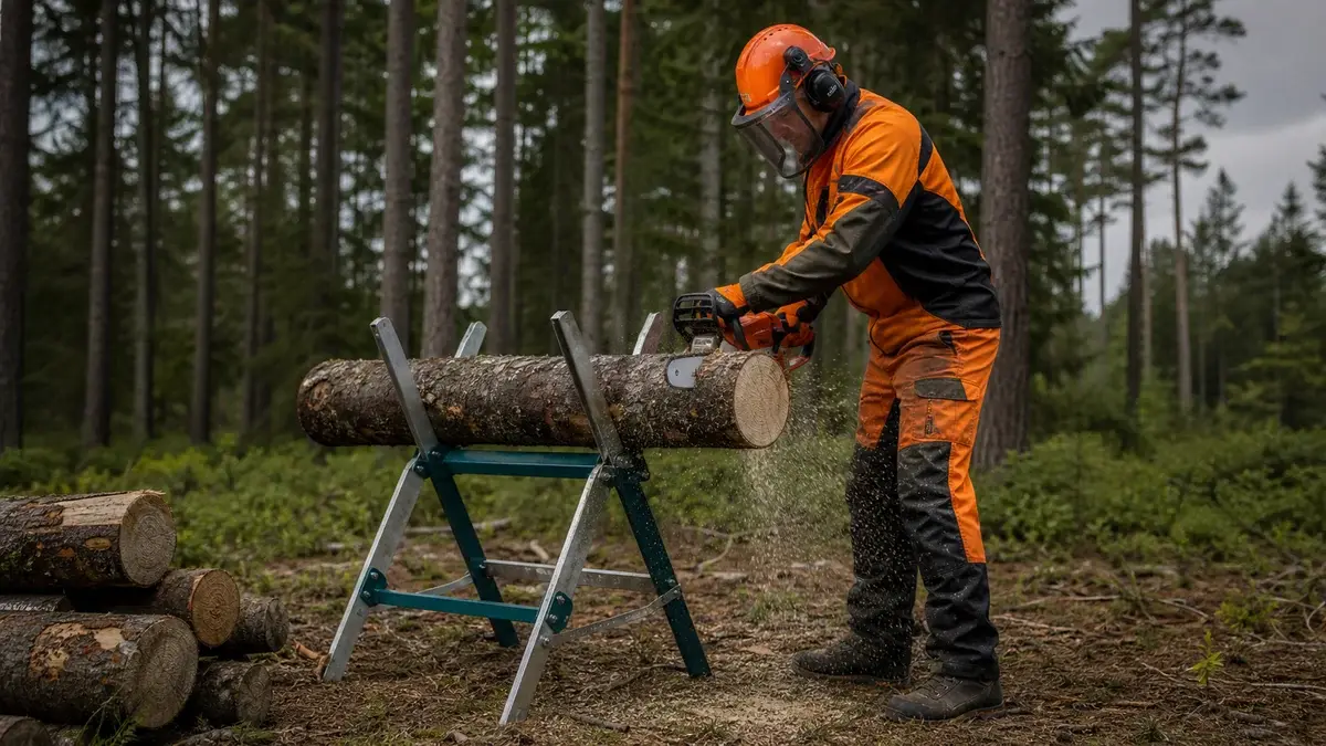 Skovarbejder med sikkerhedsudstyr kapper en stamme på savbuk