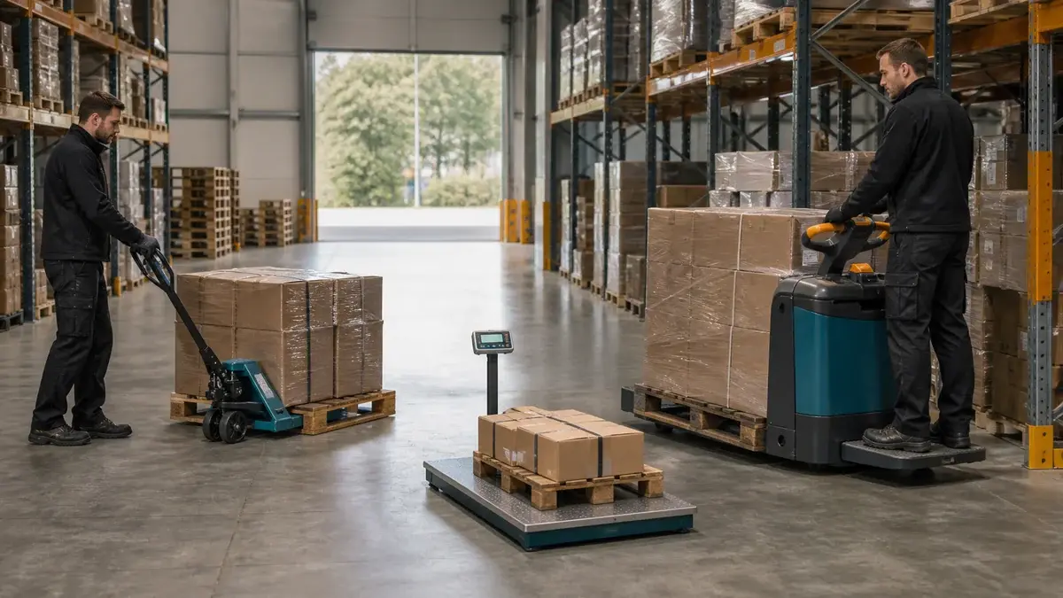 Manuel og elektrisk palleløfter ved læssede paller på et lager