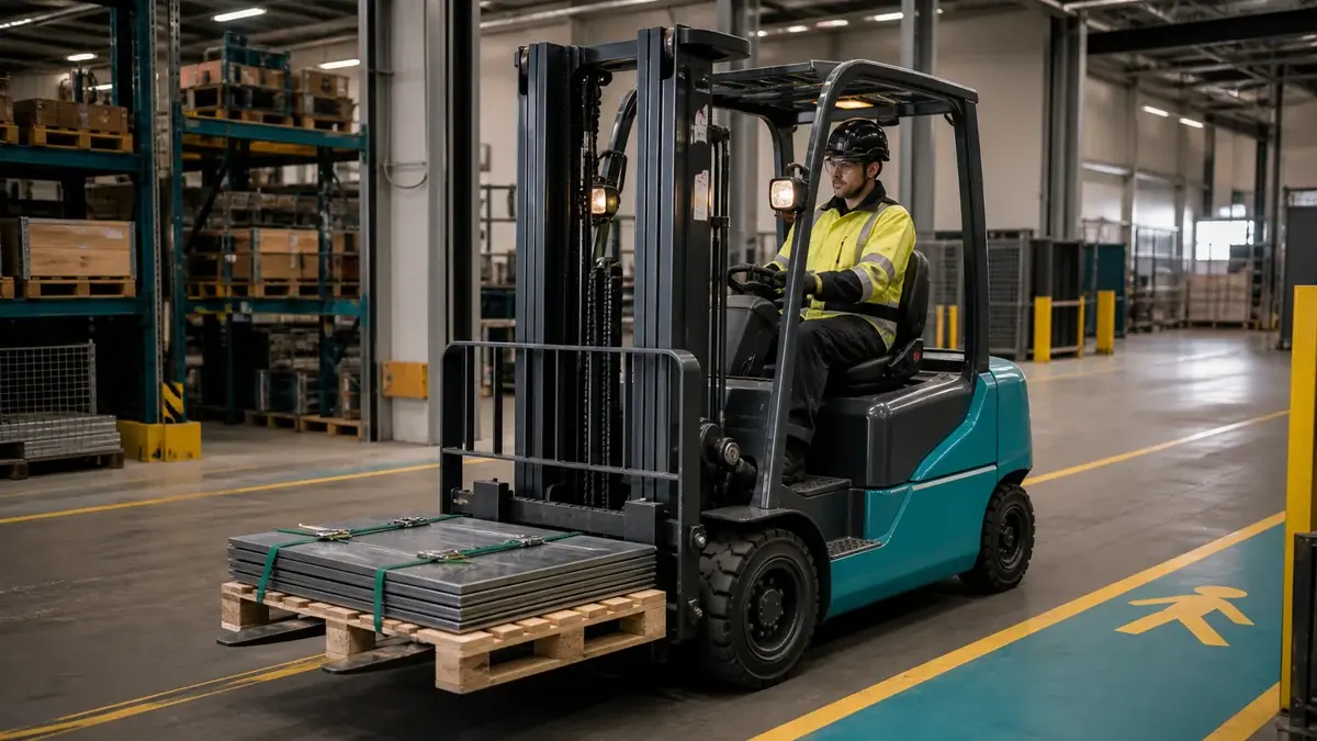 Gaffeltruck transporterer en lav, sikret palle på et lager