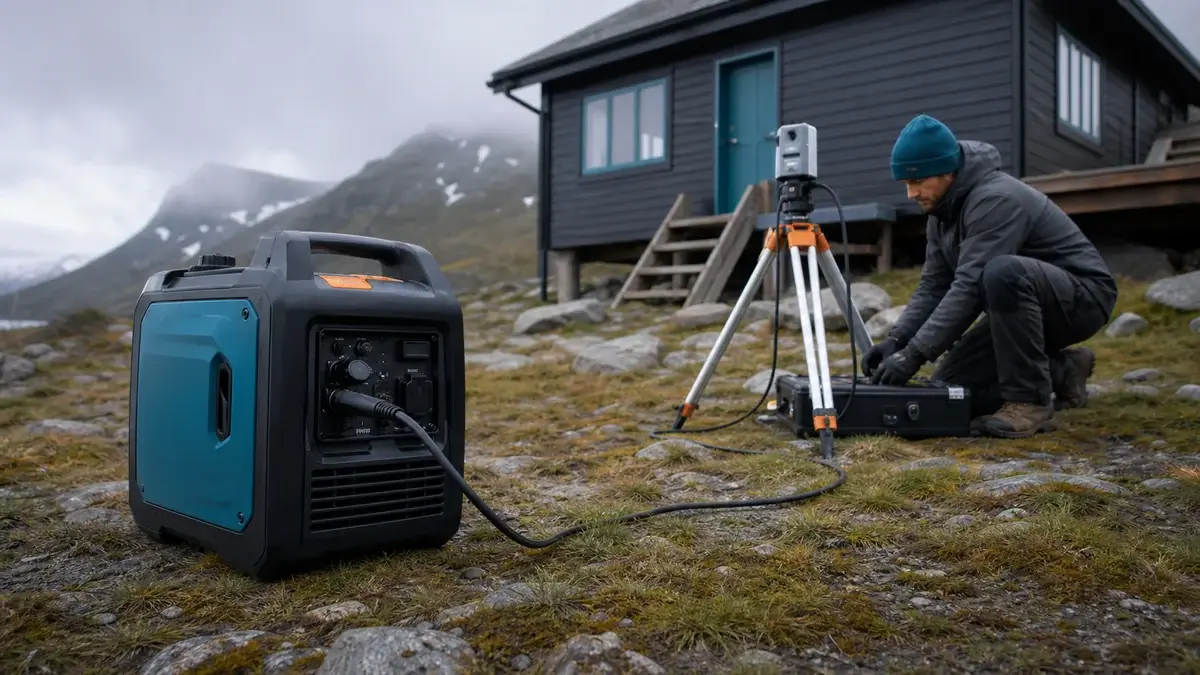 Kompakt invertergenerator forsyner udstyr ved en arbejdshytte